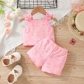 2pcs Baby Girl Pink Eyelet Embroidered Textured Tank Top and Shorts Set Pink image 2