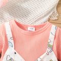 2pcs Baby Girl Pink Ribbed Long-sleeve Splicing Cartoon Elephant Print Bowknot Dress with Headband Set Pink