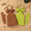 Toddler Girl Solid Color Ribbed Cut Out Slip Dress with Arm Sleeve Brown image 2