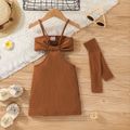 Toddler Girl Solid Color Ribbed Cut Out Slip Dress with Arm Sleeve Brown