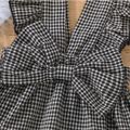 3pcs Baby Girl 100% Cotton Gingham Bow Front Ruffle Trim Overall Dress and Long-sleeve Romper with Headband Set Black