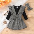 3pcs Baby Girl 100% Cotton Gingham Bow Front Ruffle Trim Overall Dress and Long-sleeve Romper with Headband Set Black image 2