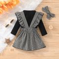 3pcs Baby Girl 100% Cotton Gingham Bow Front Ruffle Trim Overall Dress and Long-sleeve Romper with Headband Set Black image 3