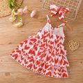 2pcs Baby Girl All Over Red Love Heart Print Spaghetti Strap Layered Dress with Headband Set Red image 5