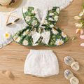 2pcs Baby Girl 100% Cotton Eyelet Embroidered Shorts and Allover Daisy Floral Print Criss Cross Ruffle Bowknot Top Set Multi-color