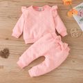2pcs Baby Girl Pink Love Heart Textured Ruffle Trim Long-sleeve Pullover and Bow Front Pants Set Pink