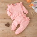 2pcs Baby Girl Pink Love Heart Textured Ruffle Trim Long-sleeve Pullover and Bow Front Pants Set Pink image 1
