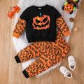 2pcs Toddler Boy Halloween Graphic Print Faux-two Pullover Sweatshirt and Pants Set Orange image 1