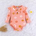 3pcs Baby Girl 95% Cotton Long-sleeve Allover Floral Print Rib Knit Ruffle Trim Romper and Flared Pants with Headband Set Pink image 2