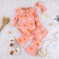 3pcs Baby Girl 95% Cotton Long-sleeve Allover Floral Print Rib Knit Ruffle Trim Romper and Flared Pants with Headband Set Pink