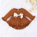 3pcs Baby Girl 95% Cotton Long-sleeve Bow Front Ruffle Hem Top and Allover Floral Print Pants with Headband Set Khaki image 2