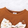3pcs Baby Girl 95% Cotton Long-sleeve Bow Front Ruffle Hem Top and Allover Floral Print Pants with Headband Set Khaki