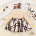 2pcs Baby Girl 95% Cotton Long-sleeve Letter Print Rib Knit Spliced Plaid Dress with Headband Set Brown image 2