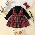 2pcs Baby Girl Rib Knit Mock Neck Long-sleeve Spliced Plaid Bow Front Dress with Headband Set Red image 1