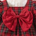 Christmas 2pcs Baby Girl Bow Front Red Plaid Square Neck Long-sleeve Jumpsuit with Headband Set Red image 5