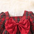 Christmas 2pcs Baby Girl Bow Front Red Plaid Square Neck Long-sleeve Jumpsuit with Headband Set Red image 4