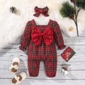 Christmas 2pcs Baby Girl Bow Front Red Plaid Square Neck Long-sleeve Jumpsuit with Headband Set Red