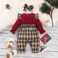 Christmas 2pcs Baby Girl 95% Cotton Ruffle Long-sleeve Xmas Tree & Letter Print Spliced Plaid Jumpsuit with Headband Set Red