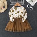 Toddler Girl Sweet Floral Print Mesh Splice Bowknot Design Long-sleeve Dress Brown image 3