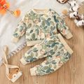 2pcs Baby Girl Allover Leaf Print Long-sleeve Sweatshirt and Sweatpants Set Beige image 1