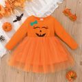 Toddler Girl Halloween Graphic Print Mesh Splice Long-sleeve Dress Orange image 2