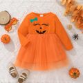 Toddler Girl Halloween Graphic Print Mesh Splice Long-sleeve Dress Orange image 1