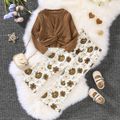 2pcs Toddler Girl Trendy Ribbed Twist Knot Tee and Floral Print Flared Pants Set Brown