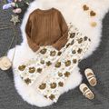 2pcs Toddler Girl Trendy Ribbed Twist Knot Tee and Floral Print Flared Pants Set Brown