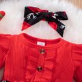 Christmas 2pcs Baby Girl Solid Rib Knit Ruffle Trim Long-sleeve Spliced Allover Print Dress with Headband Set Red image 4