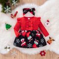 Christmas 2pcs Baby Girl Solid Rib Knit Ruffle Trim Long-sleeve Spliced Allover Print Dress with Headband Set Red image 3