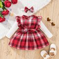 2pcs Baby Girl Red Plaid Ruffle Trim Bow Front Spliced Ribbed Long-sleeve Dress with Headband Set PLAID image 1