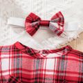 2pcs Baby Girl Red Plaid Ruffle Trim Bow Front Spliced Ribbed Long-sleeve Dress with Headband Set PLAID image 3