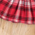 2pcs Baby Girl Red Plaid Ruffle Trim Bow Front Spliced Ribbed Long-sleeve Dress with Headband Set PLAID image 5