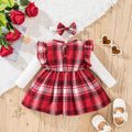 2pcs Baby Girl Red Plaid Ruffle Trim Bow Front Spliced Ribbed Long-sleeve Dress with Headband Set PLAID image 2