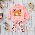 2pcs Toddler Girl Bowknot Design Bear Embroidered Fleece Sweatshirt and Pants Set Pink image 3