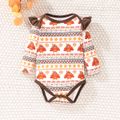 Thanksgiving Day 4pcs Baby Girl Allover Turkey Print Ruffle Long-sleeve Romper and Layered Mesh Skirt with Calf Sleeves & Headband Set Brown image 4