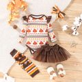 Thanksgiving Day 4pcs Baby Girl Allover Turkey Print Ruffle Long-sleeve Romper and Layered Mesh Skirt with Calf Sleeves & Headband Set Brown image 1