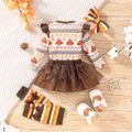 Thanksgiving Day 4pcs Baby Girl Allover Turkey Print Ruffle Long-sleeve Romper and Layered Mesh Skirt with Calf Sleeves & Headband Set Brown image 3
