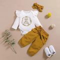 3pcs Baby Girl 95% Cotton Ruffle Long-sleeve Letter Ptint Romper and Polka Dots Pants with Headband Set White image 1