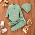 3-piece Baby Boy/Girl 95% Cotton Ribbed Long-sleeve Sun Print Button Design Romper and Elasticized Pants with Cap Set Green image 1