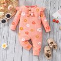 Baby Girl Allover Floral Print Pink Rib Knit Ruffle Trim Long-sleeve Jumpsuit Pink image 1