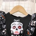Toddler Girl Halloween Faux-two Skeleton Print Long-sleeve T-shirt Top and Overalls Pants Black Set Black image 3
