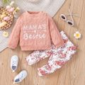 2pcs Baby Girl Letter Embroidered Imitation Knitting Long-sleeve Pullover and Floral Print Pants Set Pink image 1