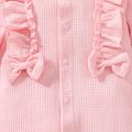 2pcs Baby Girl Pink Waffle Ruffle Trim Bow Front Long-sleeve Jumpsuit with Headband Set Pink image 4