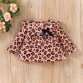 3pcs Baby Girl Leopard Print Ruffle Long-sleeve Bow Front Ribbed Top and Solid Pants with Headband Set Pink image 3