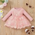 Baby Girl Pink Ribbed Long-sleeve Floral Lace Mesh Party Dress Pink image 1