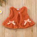 3pcs Baby Girl 95% Cotton Ruffle Long-sleeve Letter Graphic Romper and Allover Floral Print Pants with Bow Front Fuzzy Vest Set Brown image 4