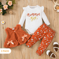 3pcs Baby Girl 95% Cotton Ruffle Long-sleeve Letter Graphic Romper and Allover Floral Print Pants with Bow Front Fuzzy Vest Set Brown image 1