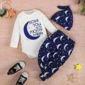 3pcs Baby Boy 95% Cotton Long-sleeve Graphic Romper and  Moon & Stars Print Pants with Hat Set Tibetanblue image 1