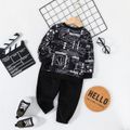 2pcs Toddler Boy Trendy Allover Print Sweatshirt and Pocket Design Cargo Pants Set Black image 2